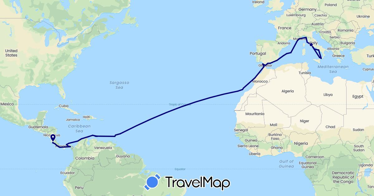 TravelMap itinerary: driving in Barbados, Colombia, Costa Rica, Spain, France, Grenada, Gibraltar, Italy, Morocco, Monaco, Netherlands, Panama, Saint Vincent and the Grenadines (Africa, Europe, North America, South America)